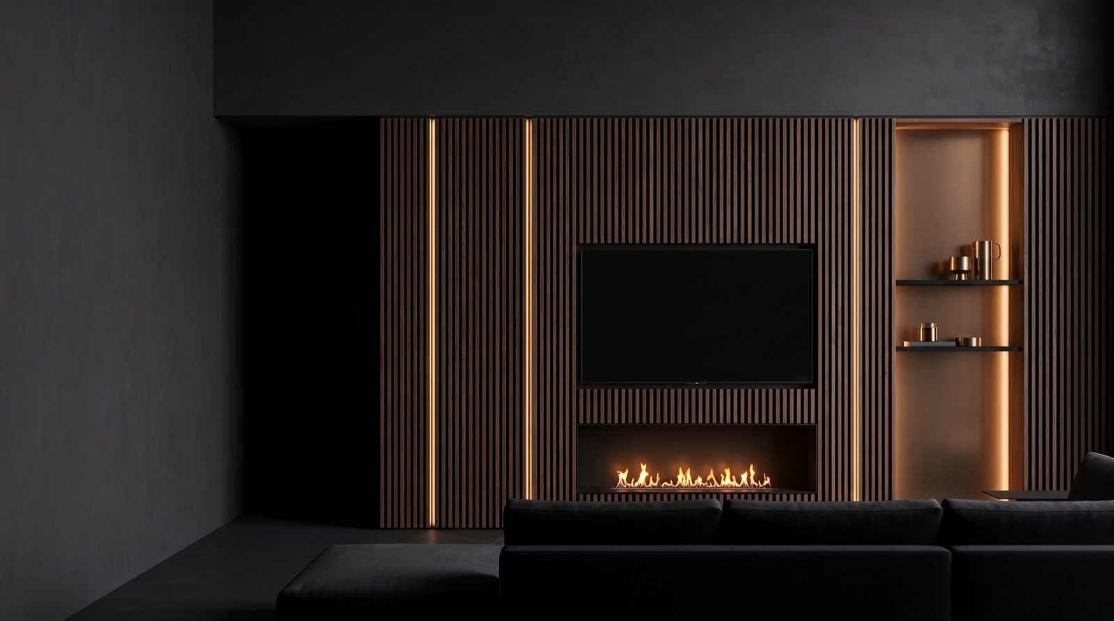Finished walnut slat feature wall with a linear fireplace, recessed television and lit shelving