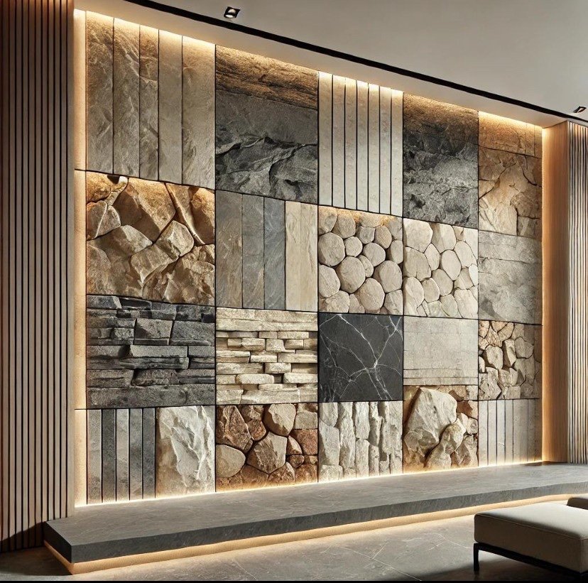 Feature wall of mixed stone panels, stacked stone, pebble and slate, with warm cove lighting