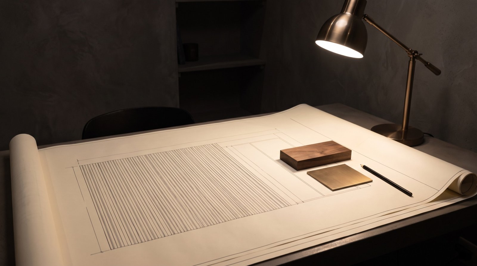 Elevation drawing of a slat wall on a studio desk under a brushed bronze lamp