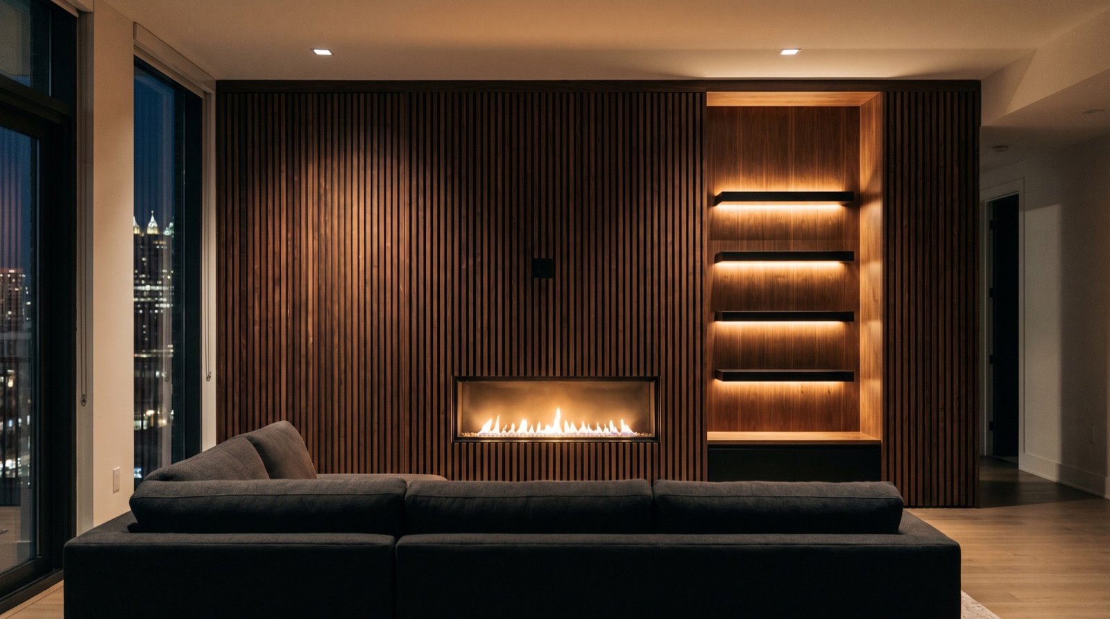 A high-rise living room with a wall of windows and nothing to face.